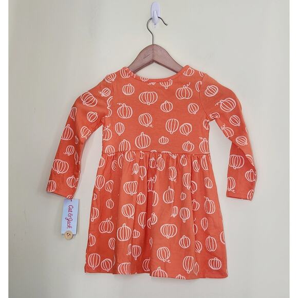 Cat & Jack Pumpkin Print Long Sleeve Dress 2T Orange Fit & Flare Thanksgiving - Picture 2 of 5